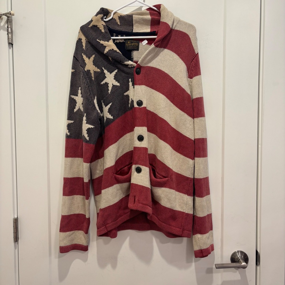 Vintage Lucky Brand American Flag Shawl Collar Cardigan Sweater Patriotic Knit